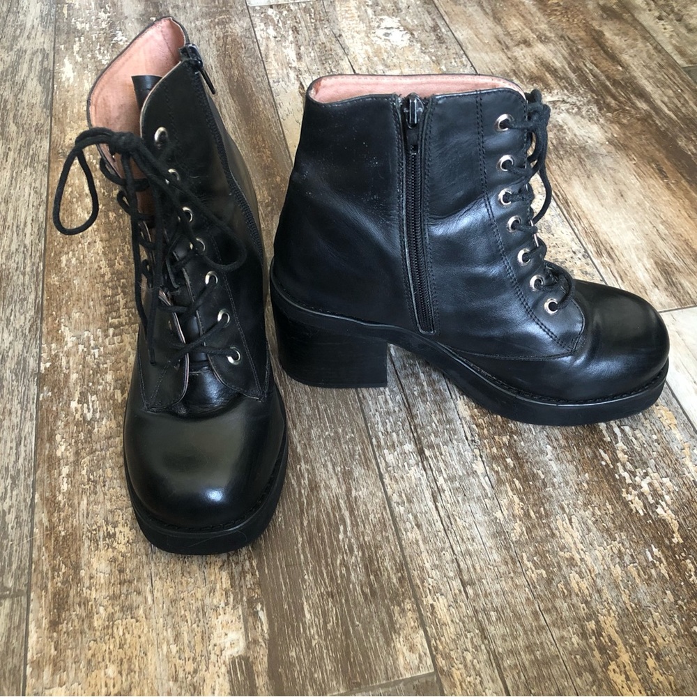 Square toe black leather boots